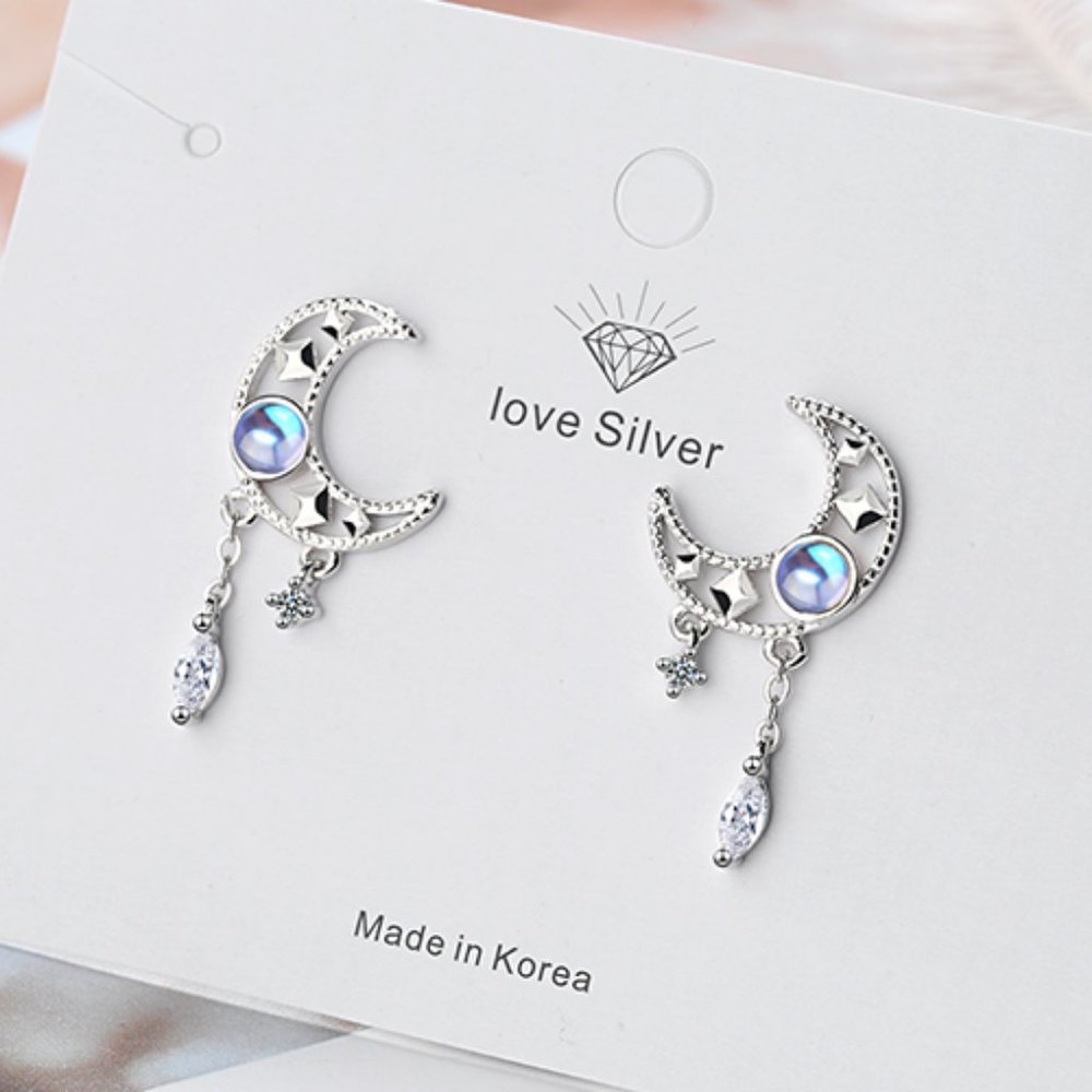 NEW 925 Sterling Silver Diamond Moon Earrings - Picture 3 of 8